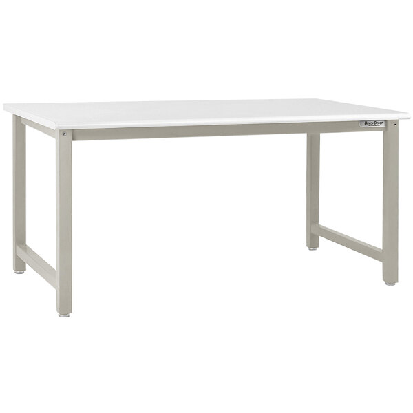 A white rectangular BenchPro workbench with a gray metal frame and legs.