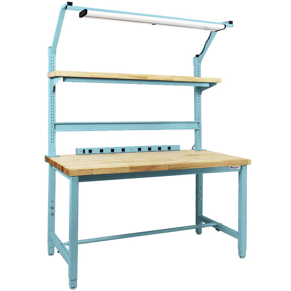 A wood workbench with a light blue metal frame, two shelves, and a wood top.