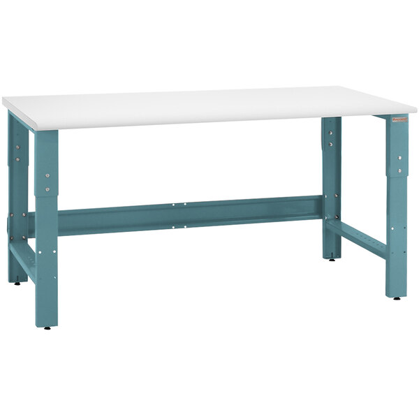A white rectangular workbench with a light blue frame and top.