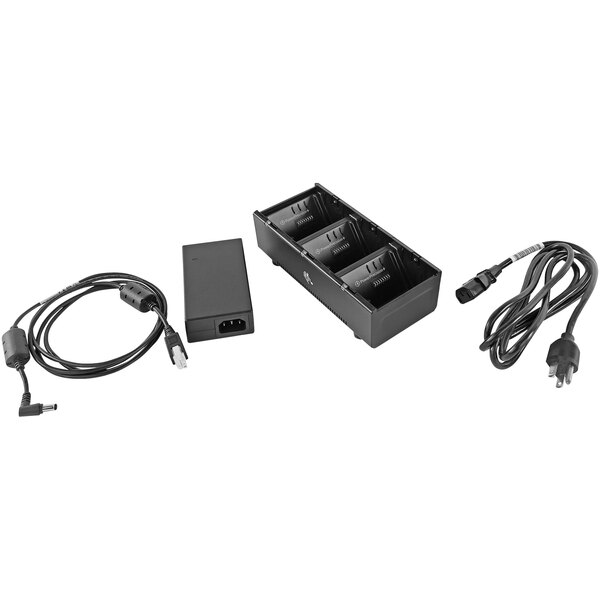 A black Zebra 3-slot spare battery charger with power supply and line cord.