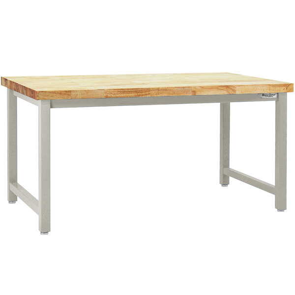 A BenchPro Kennedy Series workbench with a wooden butcherblock top and metal legs.