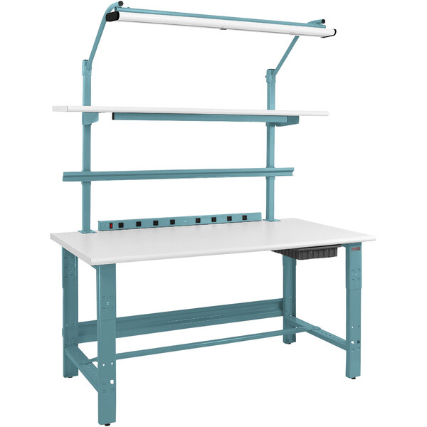 A white workbench with a light blue frame and round front edge with shelves.