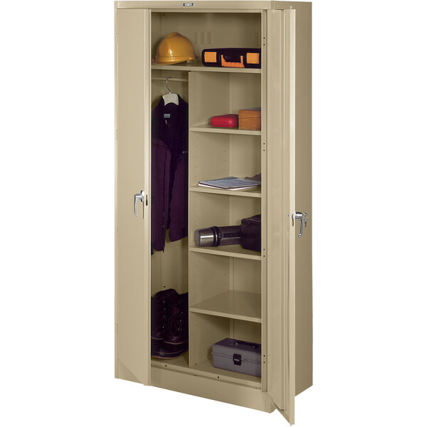 A sand metal Tennsco combination cabinet with solid doors open.