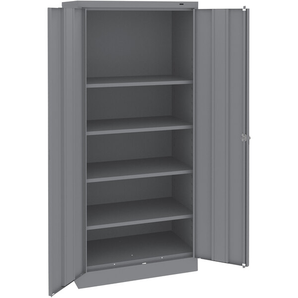 A grey Tennsco metal storage cabinet with solid doors.