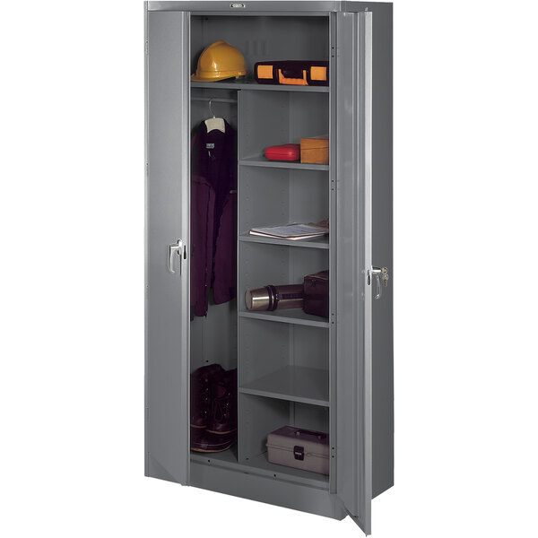 A dark gray metal Tennsco combination cabinet with solid doors.