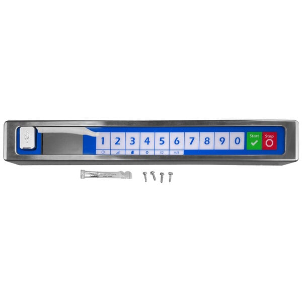A silver and blue rectangular Solwave touch panel and display assembly with screws and a screen with numbers.
