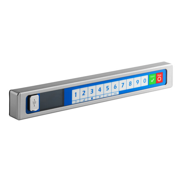 A rectangular touch panel and display assembly with numbered buttons and start/stop controls for a commercial microwave.