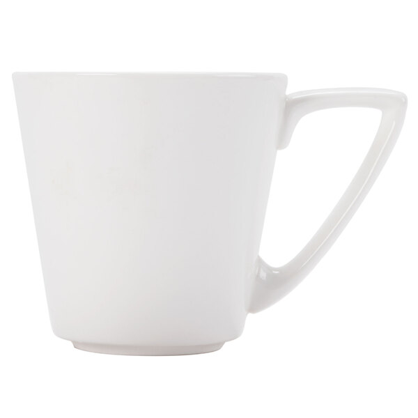 A close-up of a CAC bone white coffee cup with a handle.