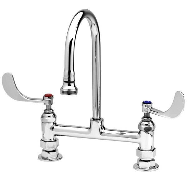 A T&S chrome deck mounted surgical sink faucet with two gooseneck spouts and wrist action handles.