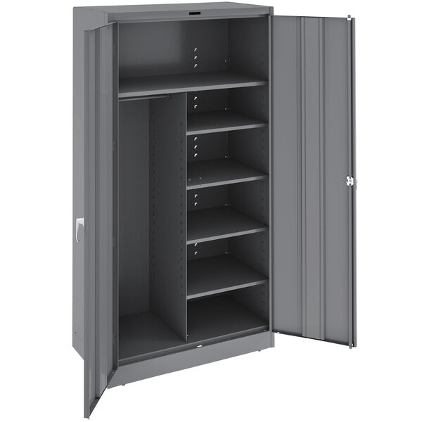 A dark grey metal Tennsco combination cabinet with shelves.