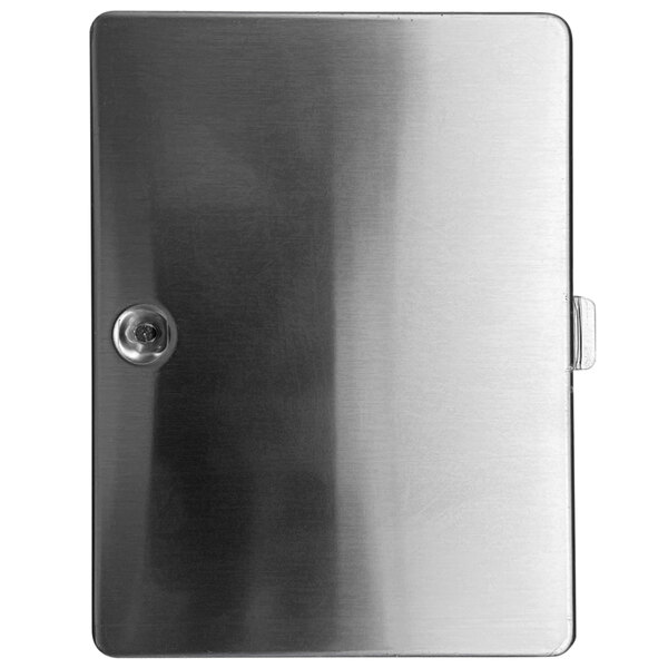 A close-up of a stainless steel access door for a Solwave commercial microwave.