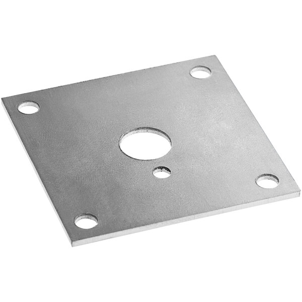 A silver square metal bracket with holes.
