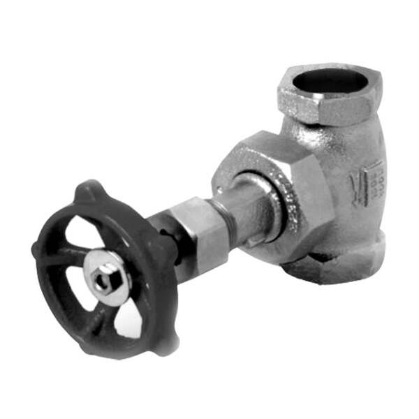 A close-up of a T&S globe valve with a black handle.