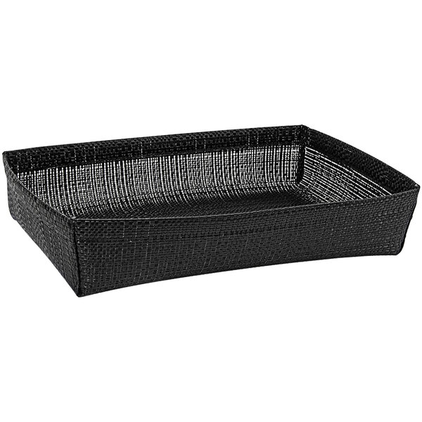 A black woven vinyl rectangular basket with a long handle.