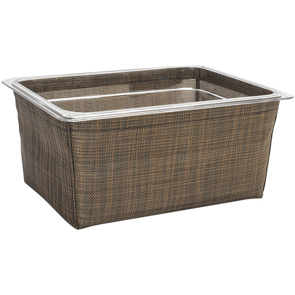 A brown woven vinyl basket with a copper mesh metal rim.
