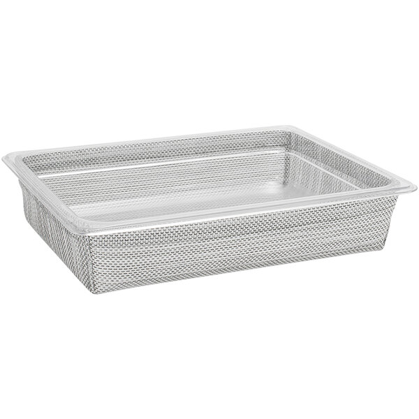 A grey woven vinyl shallow pan with a silver woven mesh pattern.