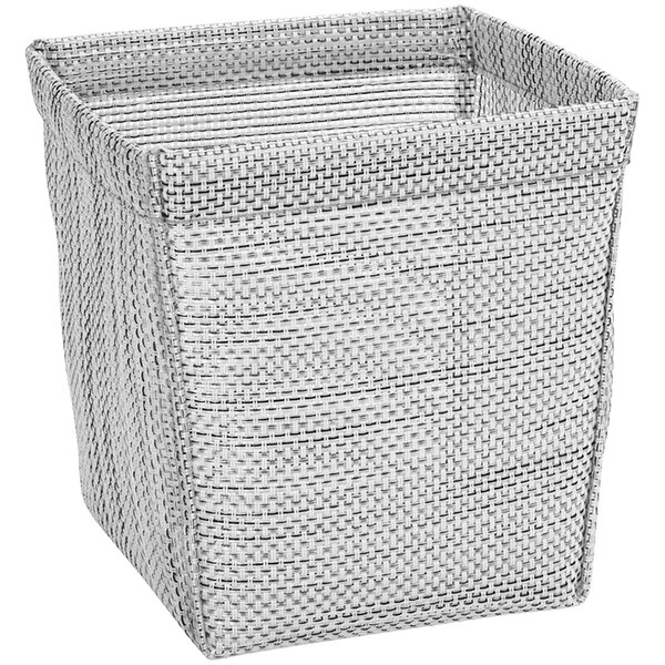 A grey woven vinyl basket with a handle.