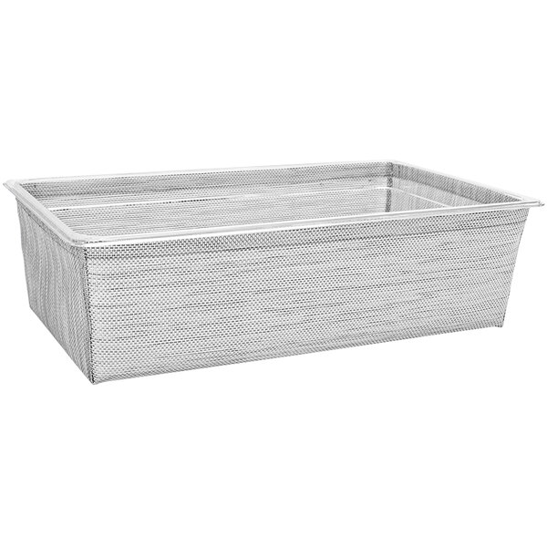 A grey mesh woven vinyl rectangular basket with a deep metal container inside.