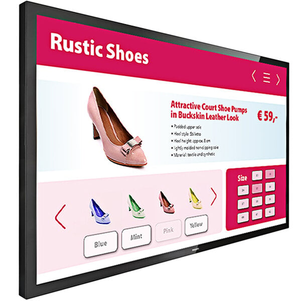 A Philips 43" touchscreen display showing a shoe display on a menu board.