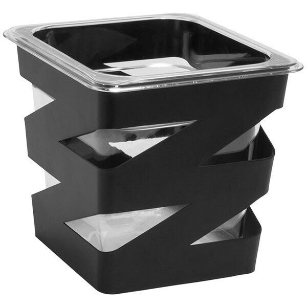 A black iron container with a clear plastic lid.