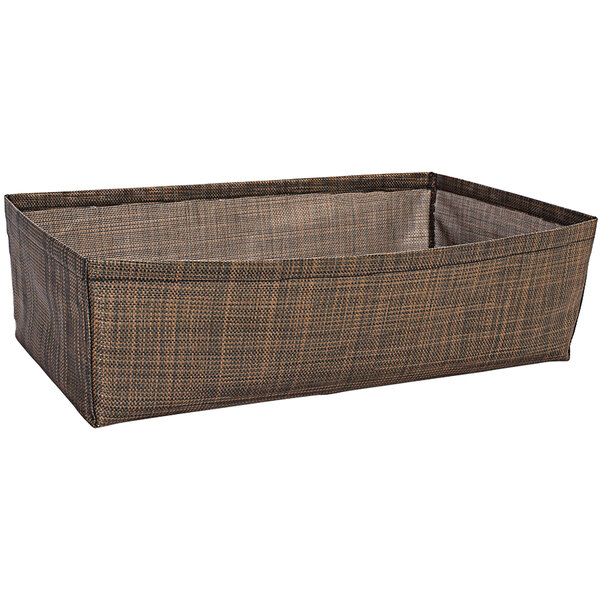 A brown and black woven vinyl basket with a handle.