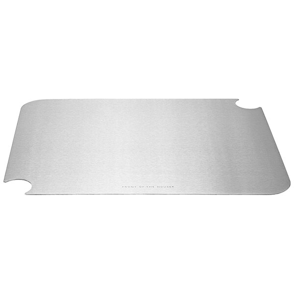 A stainless steel rectangular cover with a cut out edge.