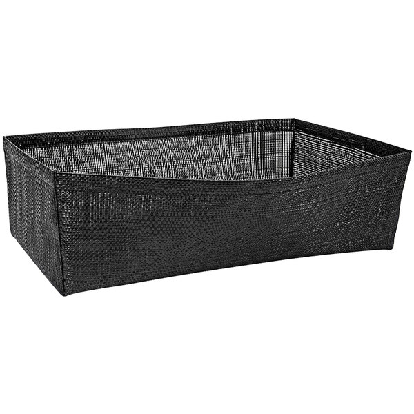 A black woven vinyl rectangular basket with a mesh bottom and a handle.