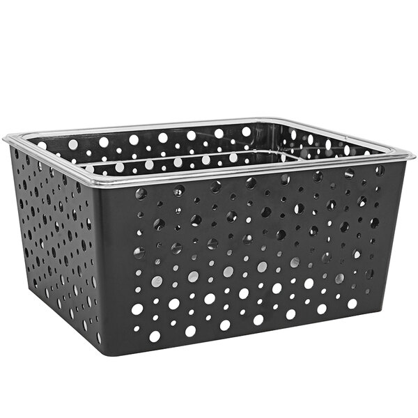 A black metal basket with holes.
