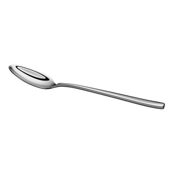 A shiny, stainless steel teaspoon with a simple, modern design is shown against a white background.
