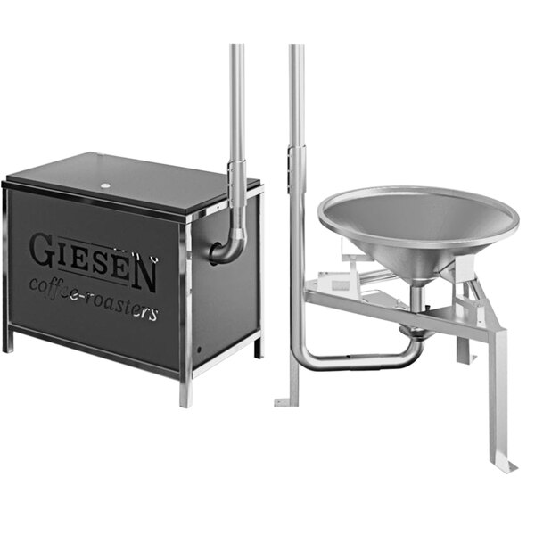 A stainless steel funnel attached to a Giesen GCC15 coffee roaster.