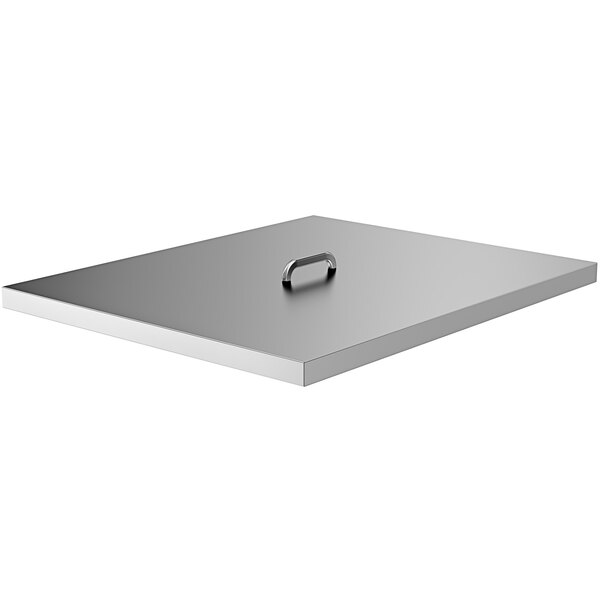 A silver square night cover lid with a handle for a Beverage-Air refrigeration unit.
