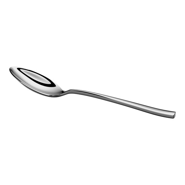A shiny, stainless steel spoon with a long handle and a rounded bowl, shown on a white background.