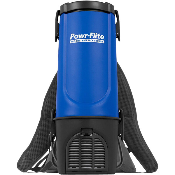 A blue and black Powr-Flite Pro-Lite backpack vacuum with a black handle.