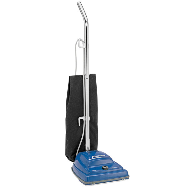 A blue Powr-Flite upright vacuum cleaner with a black bag and handle.