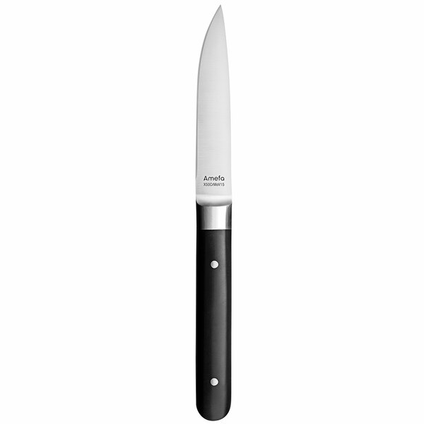 An Amefa Fusion steak knife with a black plastic handle and stainless steel blade.