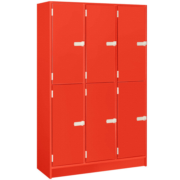 A red I.D. Systems triple door locker with white handles.