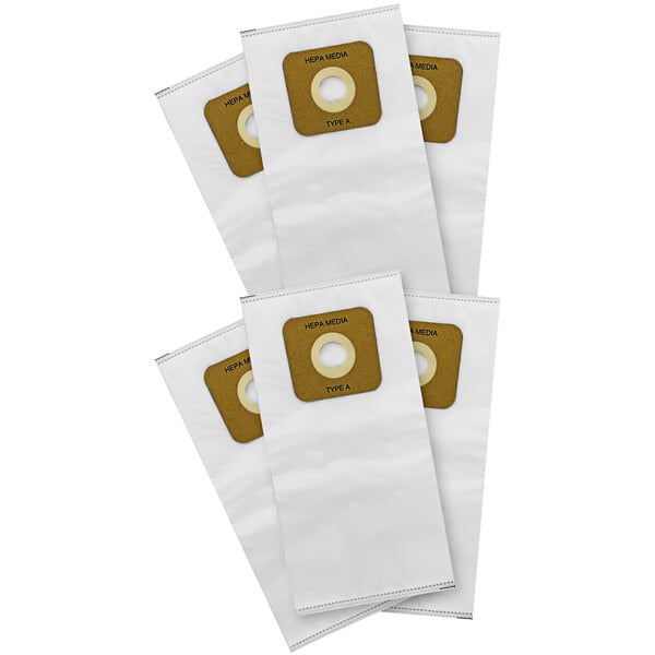 A group of white Simplicity HiFlow HEPA vacuum bags with gold circles on them.