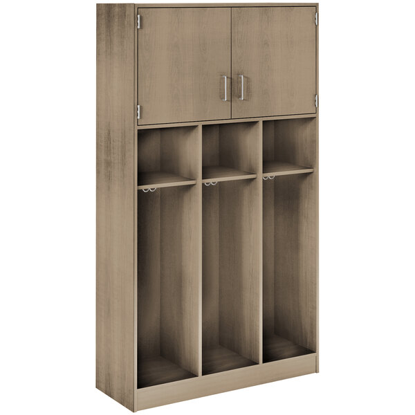 A wooden locker with three doors and adjustable shelves.