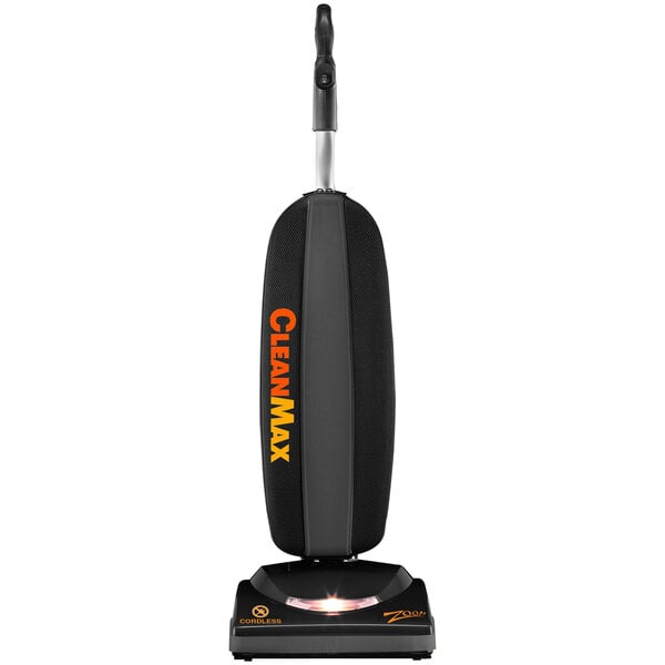 A black and orange CleanMax Zoom Series ZM-800 upright vacuum cleaner with a red handle.