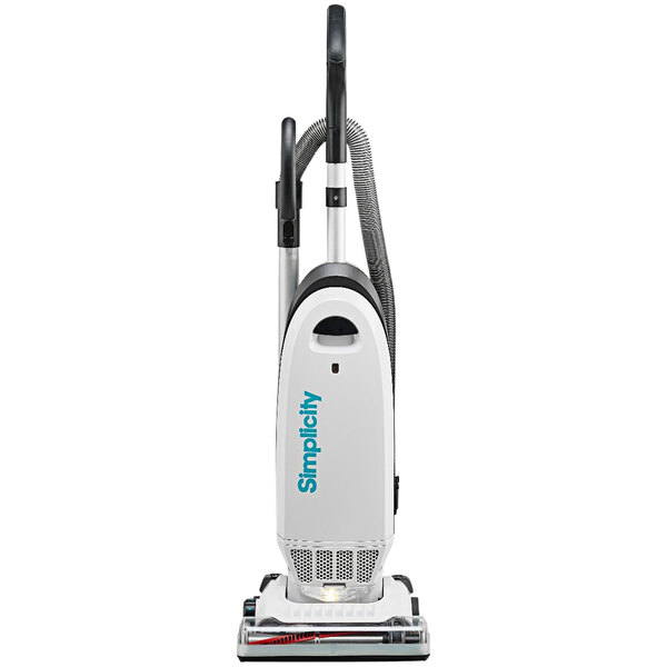 A Simplicity S20EZM upright vacuum cleaner with a white and black handle and nozzles.