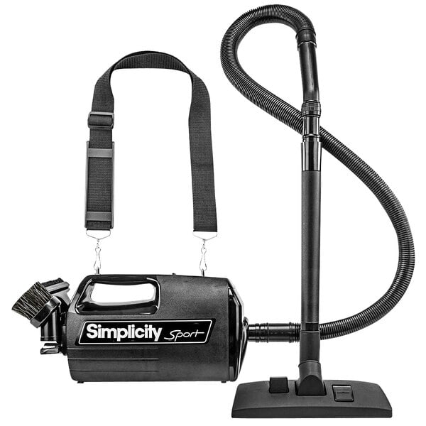 A black and white Simplicity Sport S100 Portable Canister Vacuum with a black strap.
