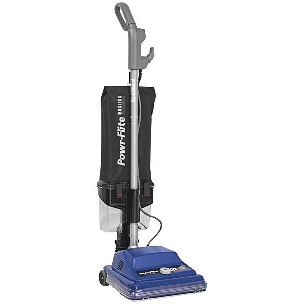 A blue and silver Powr-Flite upright vacuum cleaner with a black handle.