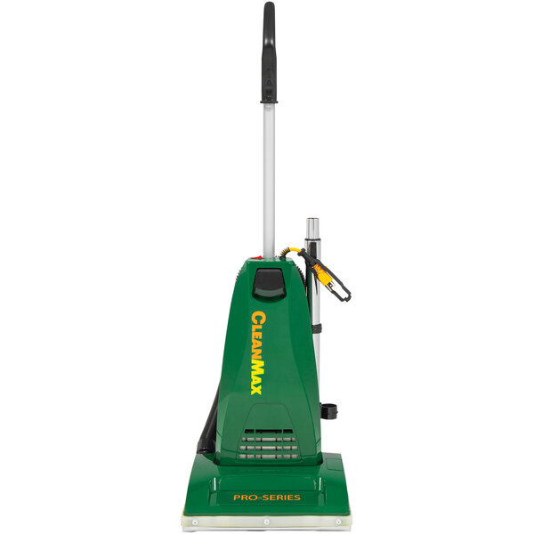 A green and yellow CleanMax Pro Series CMP-3T upright vacuum cleaner with a green handle.