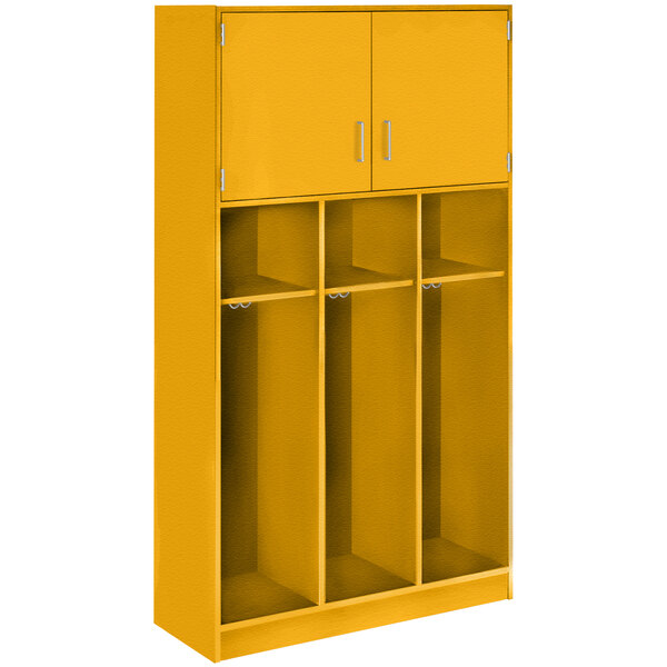 A sun yellow triple upper door storage locker with shelves.