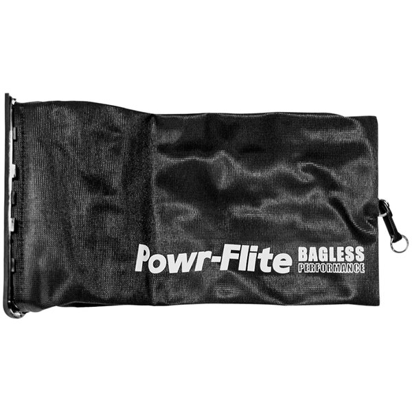 A black fabric Powr-Flite vacuum bag with white text.