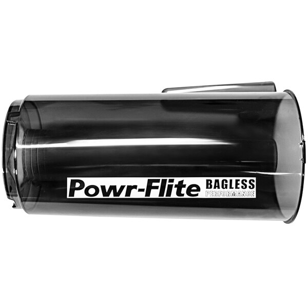 A black power-fit™ replacement dirt cup assembly for a Powr-Flite vacuum.