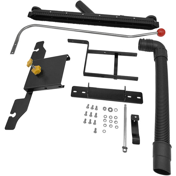 A black metal Powr-Flite FM100H front mount squeegee kit with screws and yellow knobs.