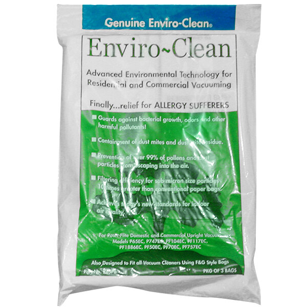 A green and white package of Powr-Flite Enviro-Clean paper bags for vacuums with white text.