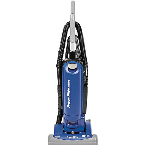 A blue and grey Powr-Flite upright vacuum cleaner with a black handle.
