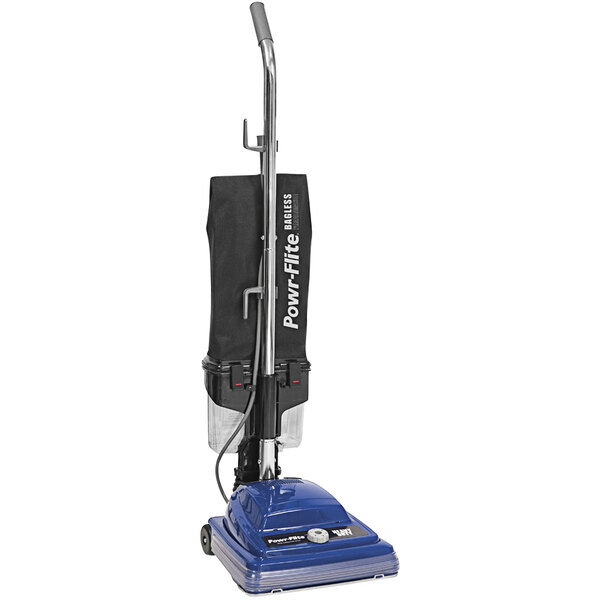 A blue Powr-Flite bagless vacuum cleaner with a black handle.